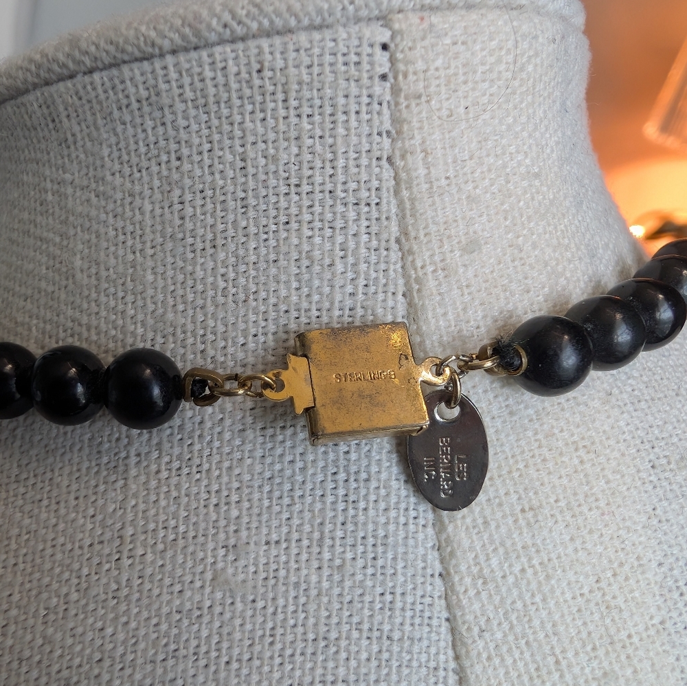 Vintage 925 Les Bernard Obsidian & Cloisonne Sterling Gold Necklace - Estate - Picture 10 of 14
